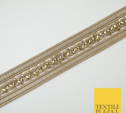 GOLD Double Ribbon Trimming with Golden Stones Border Indian Ethnic X697