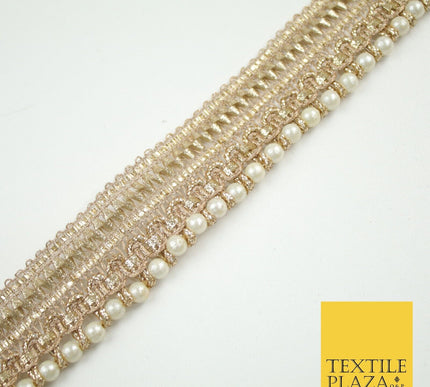 Gold Metallic Ribbon & Pearl Trim Border Ribbon Gota Lace 2.5cm Wide X691