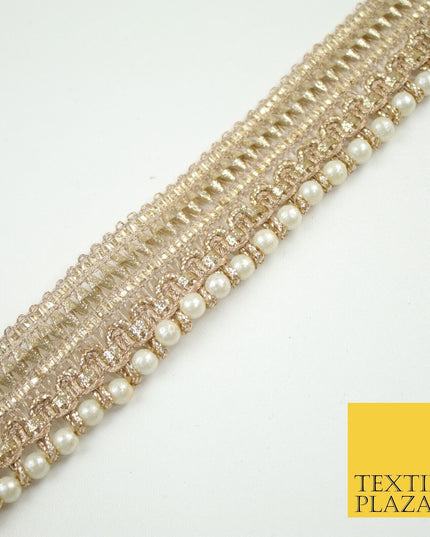 Gold Metallic Ribbon & Pearl Trim Border Ribbon Gota Lace 2.5cm Wide X691