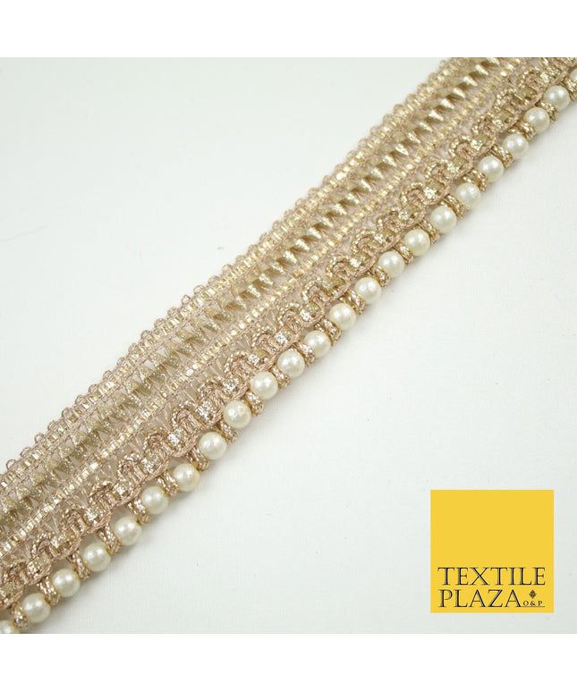 Gold Metallic Ribbon & Pearl Trim Border Ribbon Gota Lace 2.5cm Wide X691