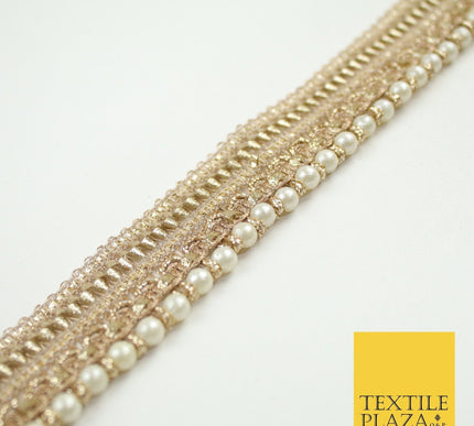 Gold Metallic Ribbon & Pearl Trim Border Ribbon Gota Lace 2.5cm Wide X691