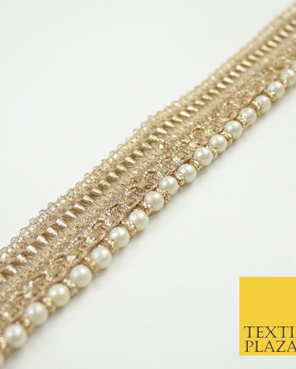 Gold Metallic Ribbon & Pearl Trim Border Ribbon Gota Lace 2.5cm Wide X691