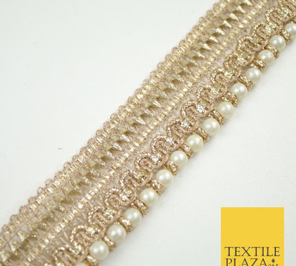 Gold Metallic Ribbon & Pearl Trim Border Ribbon Gota Lace 2.5cm Wide X691