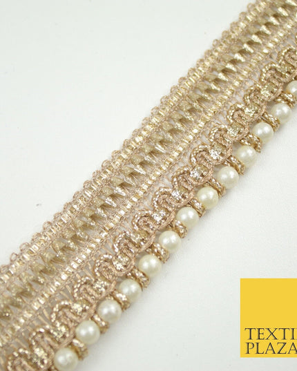 Gold Metallic Ribbon & Pearl Trim Border Ribbon Gota Lace 2.5cm Wide X691