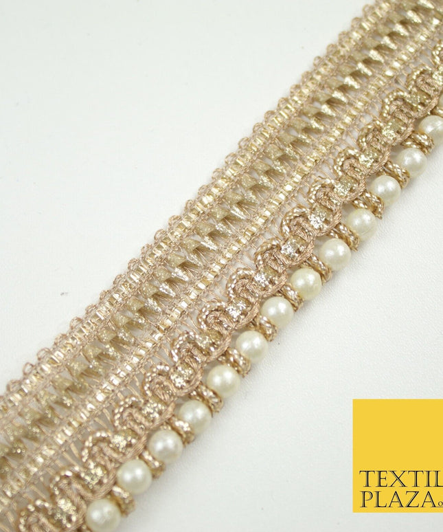 Gold Metallic Ribbon & Pearl Trim Border Ribbon Gota Lace 2.5cm Wide X691