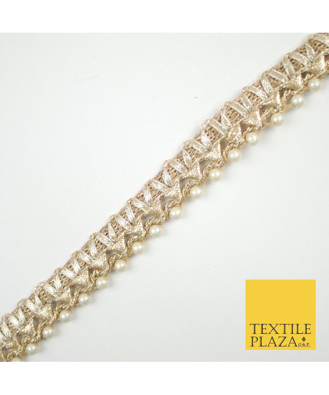 Gold Metallic Ribbon & Pearl Trim Border Ribbon Gota Lace 2cm Wide X690