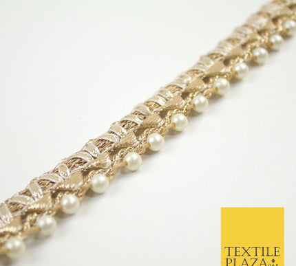 Gold Metallic Ribbon & Pearl Trim Border Ribbon Gota Lace 2cm Wide X690