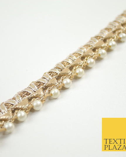 Gold Metallic Ribbon & Pearl Trim Border Ribbon Gota Lace 2cm Wide X690