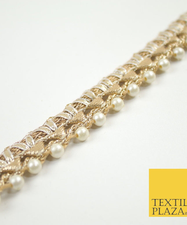 Gold Metallic Ribbon & Pearl Trim Border Ribbon Gota Lace 2cm Wide X690