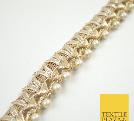 Gold Metallic Ribbon & Pearl Trim Border Ribbon Gota Lace 2cm Wide X690