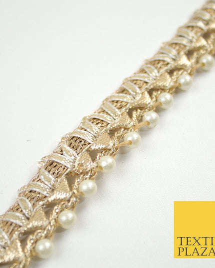 Gold Metallic Ribbon & Pearl Trim Border Ribbon Gota Lace 2cm Wide X690