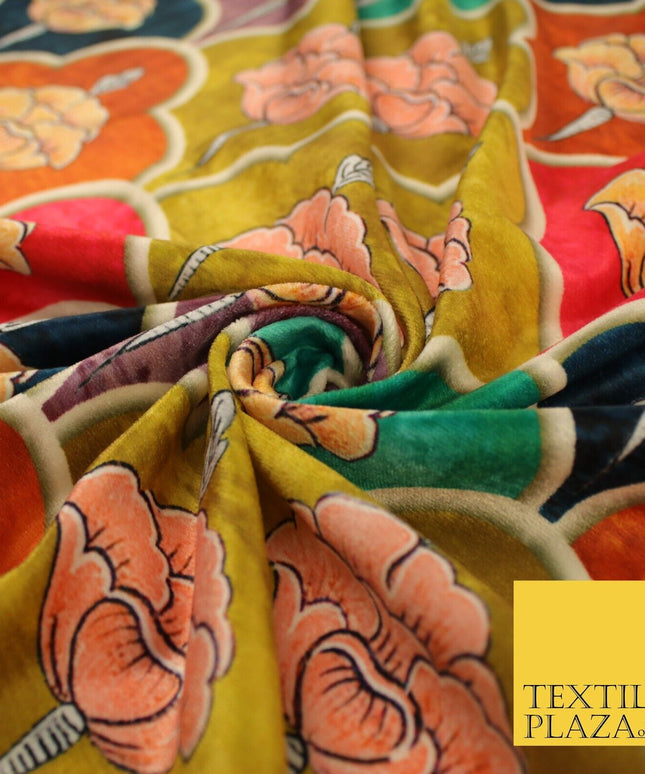 Ochre Moroccan Lattice Floral Printed Micro Velvet Velour NonStretch Fabric 8818