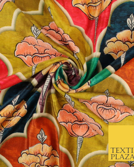 Ochre Moroccan Lattice Floral Printed Micro Velvet Velour NonStretch Fabric 8818
