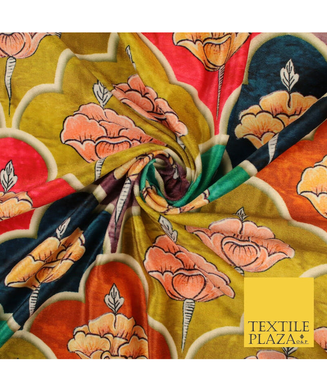 Ochre Moroccan Lattice Floral Printed Micro Velvet Velour NonStretch Fabric 8818