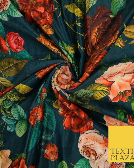 Jade Teal Artsy Floral Printed Micro Velvet Velour Non Stretch Dress Fabric 8817
