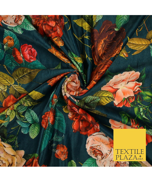 Jade Teal Artsy Floral Printed Micro Velvet Velour Non Stretch Dress Fabric 8817