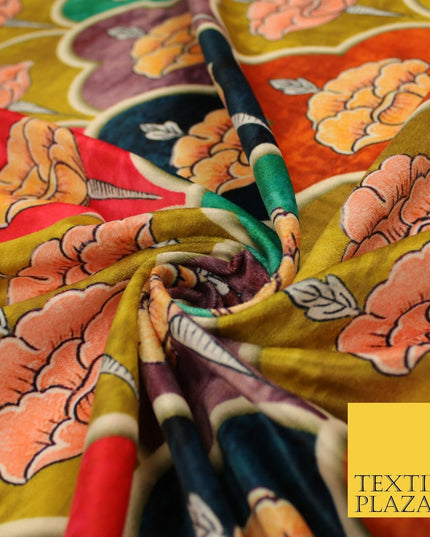 Ochre Moroccan Lattice Floral Printed Micro Velvet Velour NonStretch Fabric 8818
