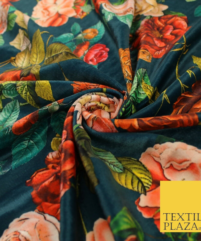 Jade Teal Artsy Floral Printed Micro Velvet Velour Non Stretch Dress Fabric 8817