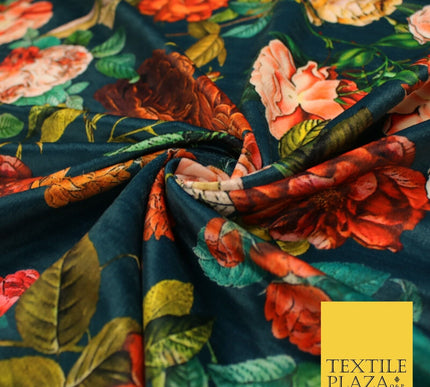 Jade Teal Artsy Floral Printed Micro Velvet Velour Non Stretch Dress Fabric 8817