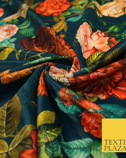 Jade Teal Artsy Floral Printed Micro Velvet Velour Non Stretch Dress Fabric 8817