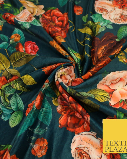 Jade Teal Artsy Floral Printed Micro Velvet Velour Non Stretch Dress Fabric 8817