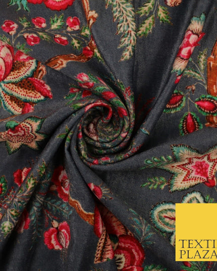 Grey Floral Branches Printed Micro Velvet Velour Non Stretch Dress Fabric 8816