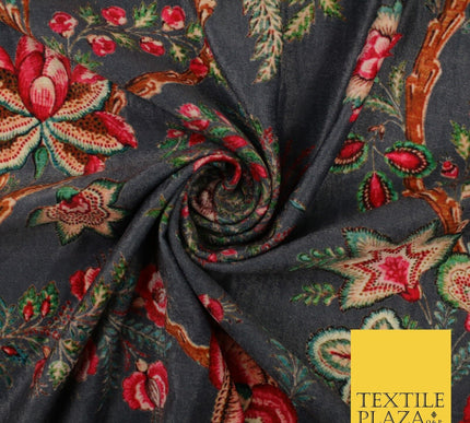 Grey Floral Branches Printed Micro Velvet Velour Non Stretch Dress Fabric 8816