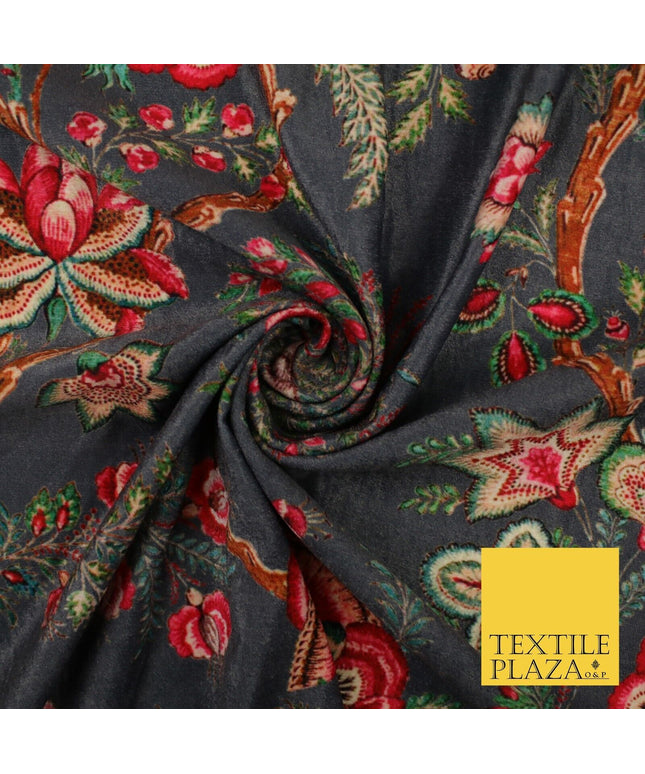 Grey Floral Branches Printed Micro Velvet Velour Non Stretch Dress Fabric 8816
