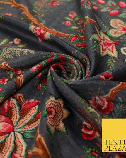 Grey Floral Branches Printed Micro Velvet Velour Non Stretch Dress Fabric 8816