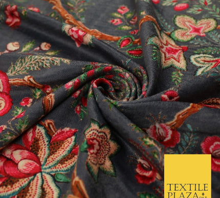 Grey Floral Branches Printed Micro Velvet Velour Non Stretch Dress Fabric 8816