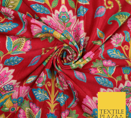 Red Bright Floral Printed Soft Micro Velvet Velour Non Stretch Dress Fabric 8809