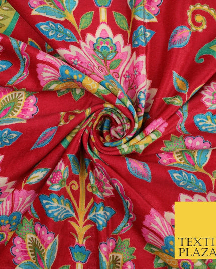 Red Bright Floral Printed Soft Micro Velvet Velour Non Stretch Dress Fabric 8809