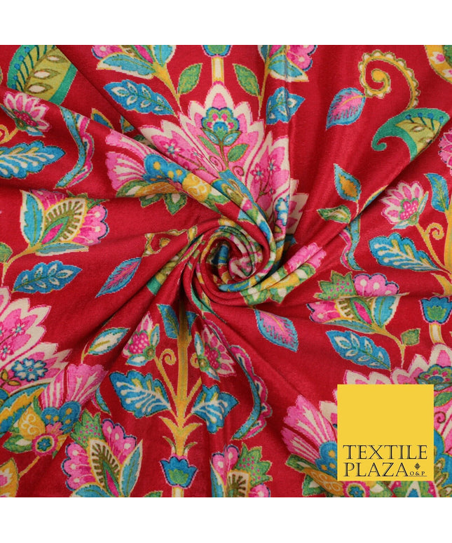 Red Bright Floral Printed Soft Micro Velvet Velour Non Stretch Dress Fabric 8809