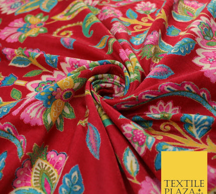 Red Bright Floral Printed Soft Micro Velvet Velour Non Stretch Dress Fabric 8809