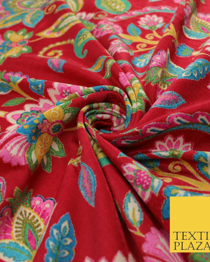 Red Bright Floral Printed Soft Micro Velvet Velour Non Stretch Dress Fabric 8809