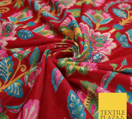 Red Bright Floral Printed Soft Micro Velvet Velour Non Stretch Dress Fabric 8809