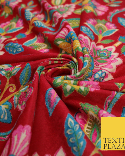Red Bright Floral Printed Soft Micro Velvet Velour Non Stretch Dress Fabric 8809