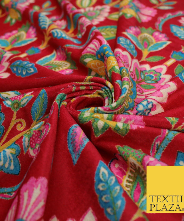 Red Bright Floral Printed Soft Micro Velvet Velour Non Stretch Dress Fabric 8809