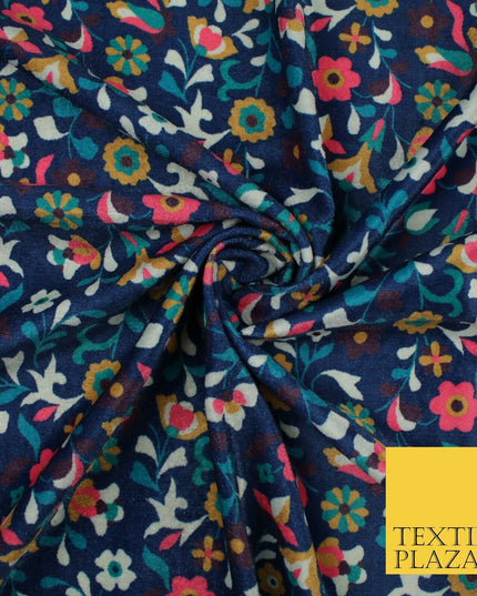 Navy Intense Floral Printed Micro Velvet Velour Non Stretch Dress Fabric 8814