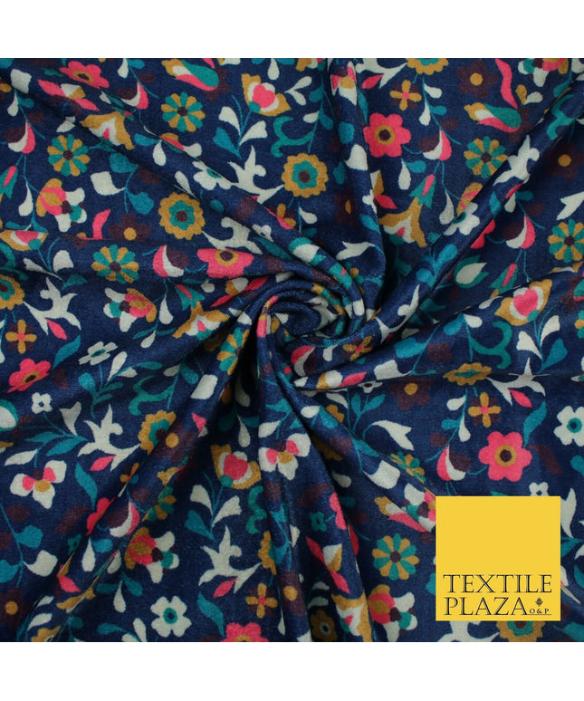 Navy Intense Floral Printed Micro Velvet Velour Non Stretch Dress Fabric 8814