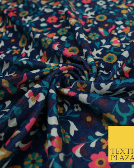 Navy Intense Floral Printed Micro Velvet Velour Non Stretch Dress Fabric 8814