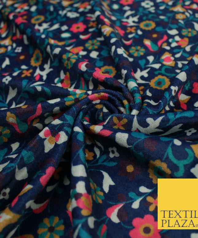 Navy Intense Floral Printed Micro Velvet Velour Non Stretch Dress Fabric 8814