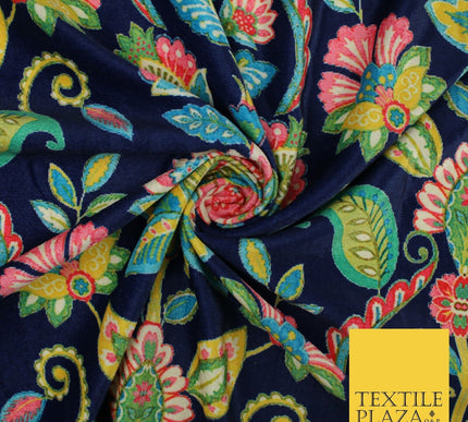 Navy Blue Bright Floral Printed Micro Velvet Velour NonStretch Dress Fabric 8813
