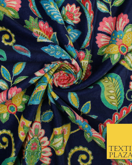 Navy Blue Bright Floral Printed Micro Velvet Velour NonStretch Dress Fabric 8813