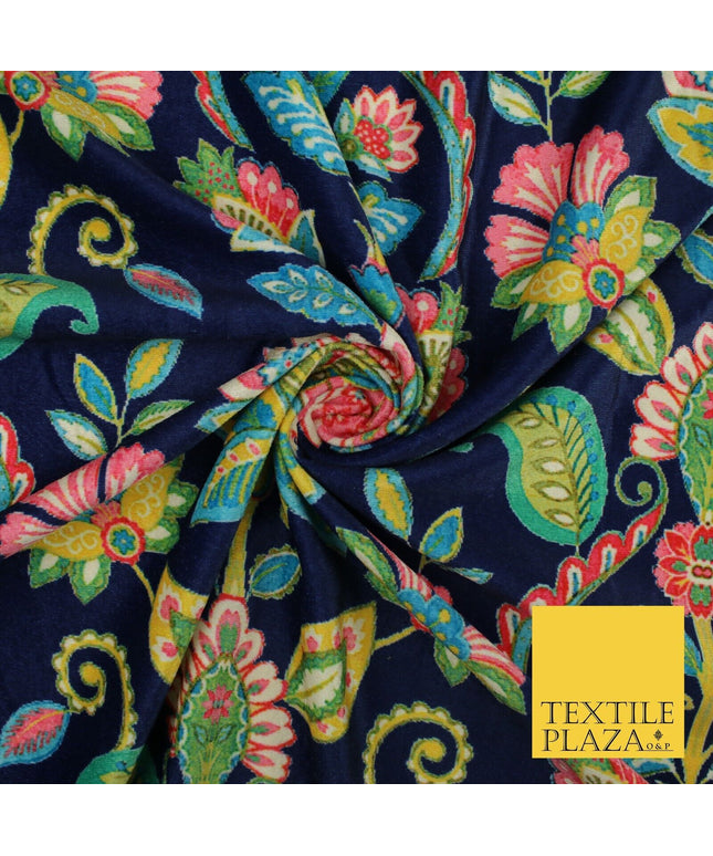 Navy Blue Bright Floral Printed Micro Velvet Velour NonStretch Dress Fabric 8813