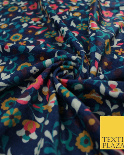 Navy Intense Floral Printed Micro Velvet Velour Non Stretch Dress Fabric 8814
