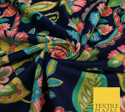 Navy Blue Bright Floral Printed Micro Velvet Velour NonStretch Dress Fabric 8813