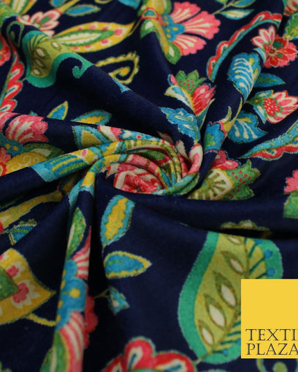 Navy Blue Bright Floral Printed Micro Velvet Velour NonStretch Dress Fabric 8813