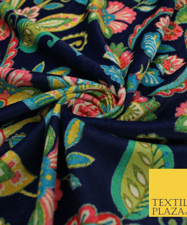 Navy Blue Bright Floral Printed Micro Velvet Velour NonStretch Dress Fabric 8813
