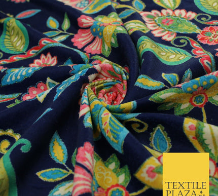 Navy Blue Bright Floral Printed Micro Velvet Velour NonStretch Dress Fabric 8813